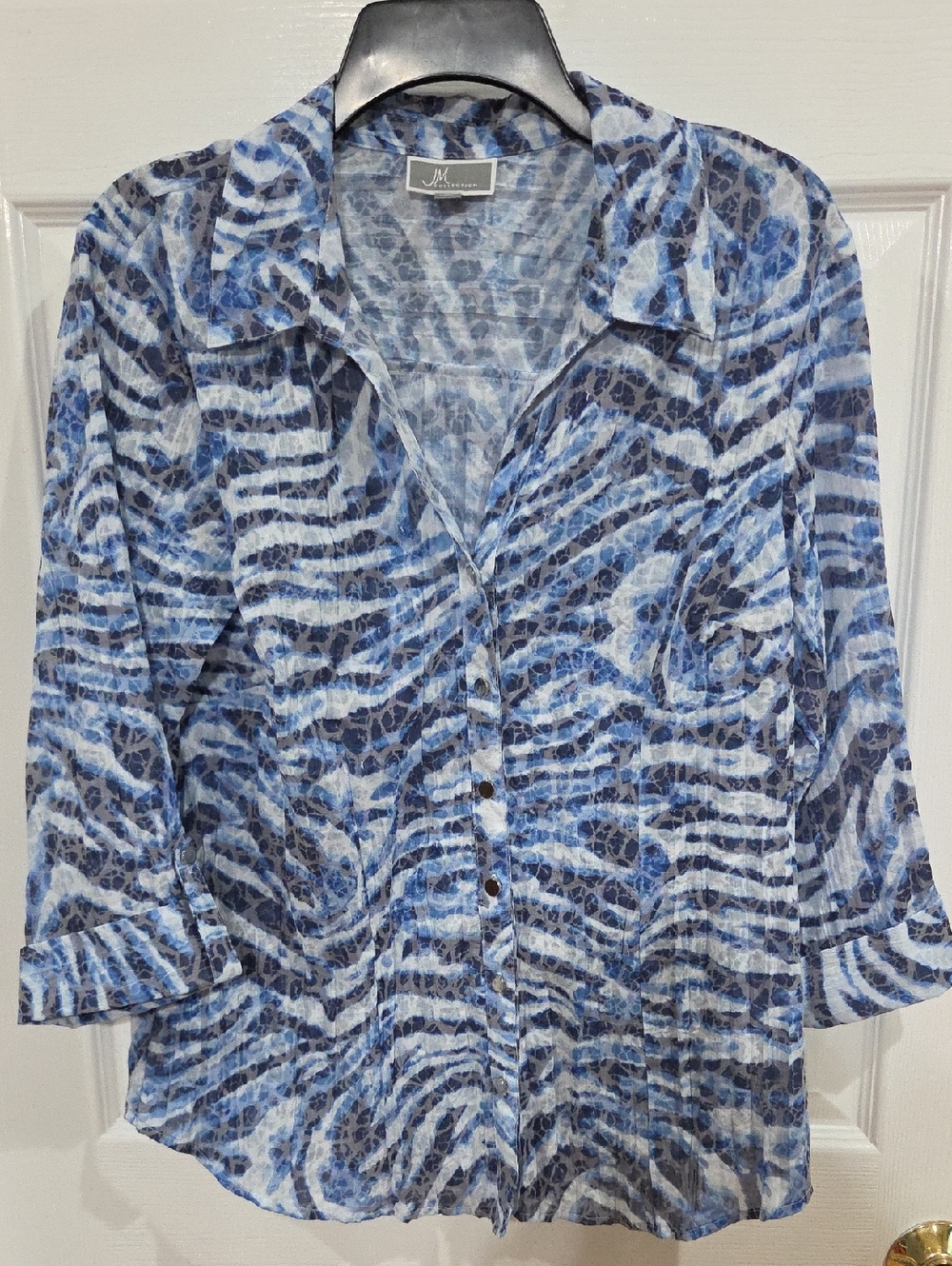 JM Collection Blue and White Printed Button-Front Women's Shirt